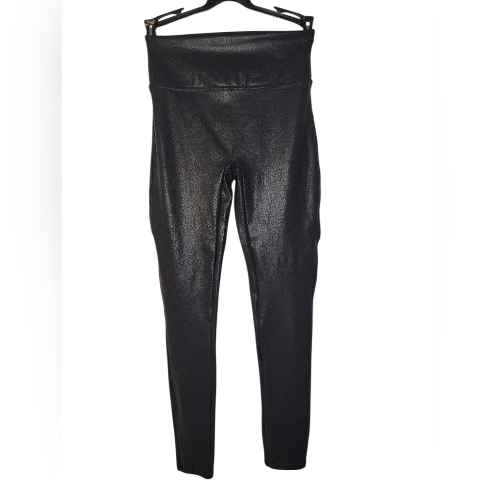 SPANX Shape Shine Leggings, Faux Leather Coated Leggings, L/Small, Black, EUC